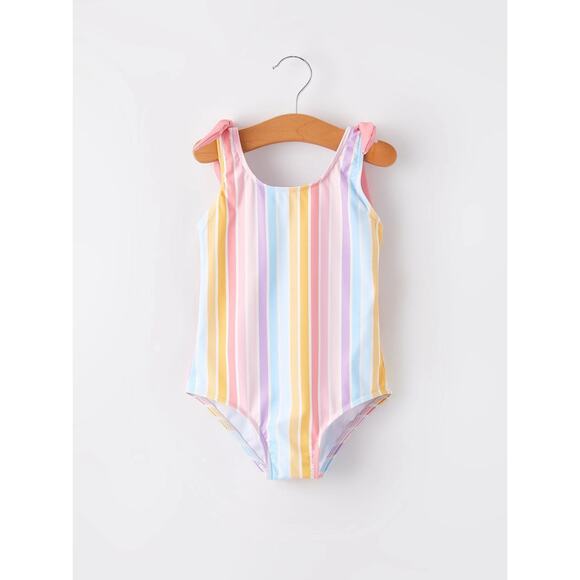Rylee Faith Designs Girls 2T Swimsuit One Piece Rainbow Stripe Bow Shoulder NWT - Picture 1 of 10